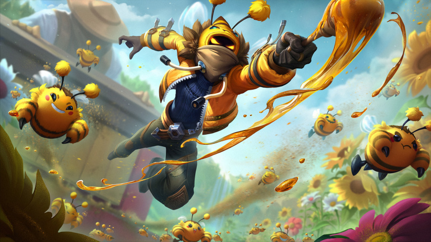 2boys alternate_costume angry artstation_username attack bee bee_hood bee_wings beekeeper_singed beezahar belt belt_pouch black_gloves black_pants blue_shirt blue_sky blush brown_scarf bug closed_eyes clouds flower flying foritis_wang gloves grin hat highres holding holding_staff honey hood hoodie jacket league_of_legends long_sleeves malzahar multiple_boys official_alternate_costume official_art open_clothes open_jacket outdoors outstretched_arm outstretched_hand pants pink_flower pouch scarf shirt singed sky smile solo staff sunflower wings yellow_belt yellow_eyes yellow_gloves yellow_hoodie yellow_jacket