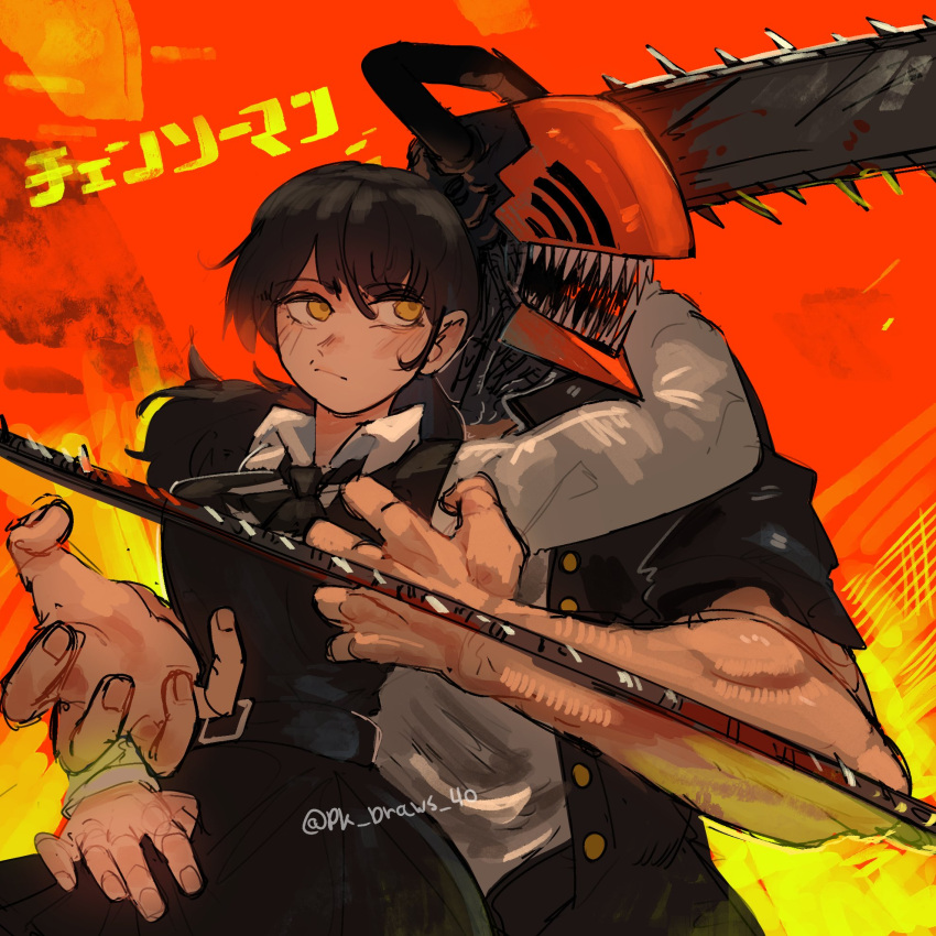 1boy 1girl black_hair blood blood_on_weapon breasts chainsaw chainsaw_man denji_(chainsaw_man) dress facing_to_the_side fourth_east_high_school_uniform gakuran highres long_hair looking_to_the_side low_twintails medium_breasts mitaka_asa open_mouth pinafore_dress pk_draws_40 school_uniform sharp_teeth sleeveless sleeveless_dress teeth twintails twitter_username weapon yellow_eyes