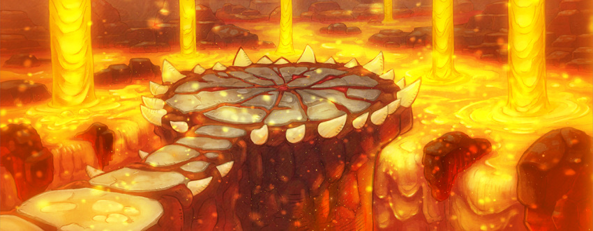 artist_request cave cave_interior commentary embers english_commentary fushigi_no_dungeon game_cg lavafall molten_rock no_humans official_art pokemon pokemon_(game) pokemon_mystery_dungeon river_of_lava rock scenery spikes third-party_source wide_shot