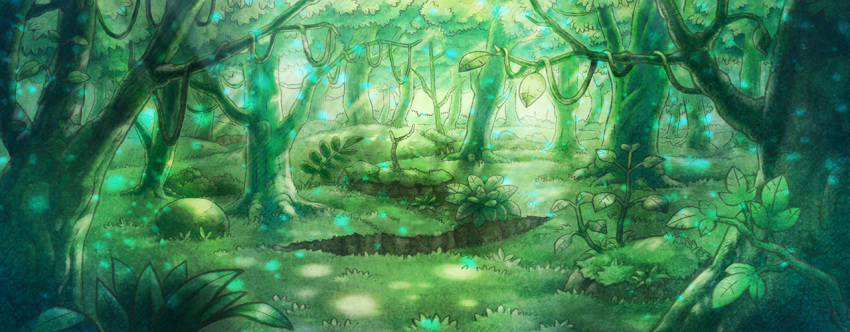 artist_request bush commentary day english_commentary forest fushigi_no_dungeon game_cg grass green_theme leaf light_particles light_rays nature no_humans official_art outdoors plant pokemon pokemon_(game) pokemon_mystery_dungeon rock scenery sunlight third-party_source tree vines wide_shot