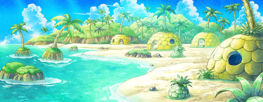artist_request beach blue_sky clouds coconut coconut_tree commentary day door english_commentary fushigi_no_dungeon game_cg grass house light_rays no_humans ocean official_art outdoors palm_tree pokemon pokemon_(game) pokemon_mystery_dungeon round_window sand scenery sky sunlight third-party_source tree water wide_shot window