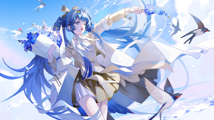 1girl ;d absurdres animal_ear_fluff arknights astgenne_(arknights) bird blue_eyes blue_flower blue_hair bouquet bow bowtie braid bright_pupils brown_skirt clouds collared_shirt commentary_request cowboy_shot dated flower hair_bow hairband highres holding holding_bouquet jacket layered_clothes layered_skirt long_hair long_sleeves one_eye_closed open_clothes open_jacket open_mouth procreate_(medium) shirt skirt sky smile twintails very_long_hair white_flower white_pupils white_shirt white_skirt xianyu_guguzi yellow_bow yellow_bowtie yellow_hairband yellow_jacket