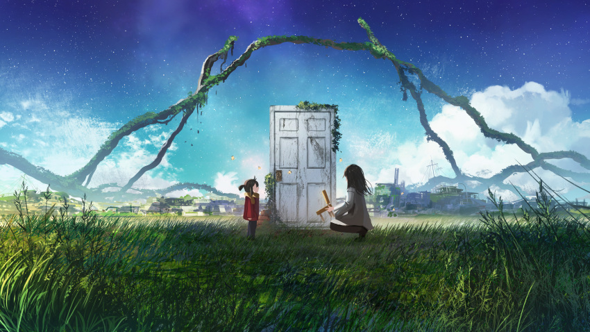 2girls absurdres advarcher aged_down antenna_hair clouds coat commentary door field from_side fur-trimmed_jacket fur_trim grass highres holding_chair iwato_suzume jacket landscape long_hair long_sleeves multiple_girls outdoors red_jacket ruins scene_reference scenery sidelocks sky squatting standing star_(sky) starry_sky surreal suzume's_chair suzume_no_tojimari time_paradox white_coat wide_shot