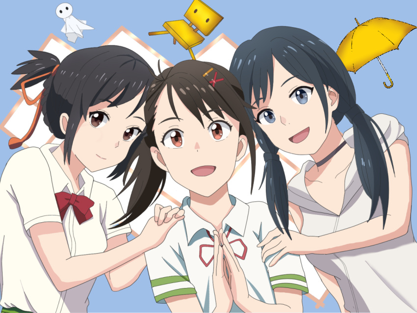 3girls amano_hina_(tenki_no_ko) black_choker black_hair blue_background blue_eyes bow bowtie breasts brown_eyes choker closed_mouth collarbone collared_shirt commentary_request creator_connection dress_shirt hair_ornament hair_ribbon hairclip hands_on_another's_shoulders hood hoodie iwato_suzume jamie_(mingjia84849364) kimi_no_na_wa. long_hair looking_at_viewer low_twintails miyamizu_mitsuha multiple_girls munakata_souta_(chair) neck_ribbon open_mouth own_hands_together ponytail red_bow red_bowtie red_ribbon ribbon school_uniform shirt short_hair short_sleeves sidelocks single_sidelock sleeveless sleeveless_hoodie small_breasts smile suzume's_chair suzume_no_tojimari tenki_no_ko teruterubouzu twintails umbrella white_hoodie white_shirt