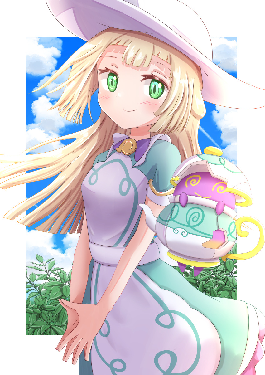 1girl absurdres apron blonde_hair blunt_bangs closed_mouth clouds cloudy_sky day dress green_dress green_eyes hat highres lillie_(pokemon) lillie_(special_costume)_(pokemon) long_hair looking_at_viewer own_hands_together plant pokemon pokemon_(game) pokemon_masters_ex polteageist rono_(lethys) sky smile sun_hat white_headwear