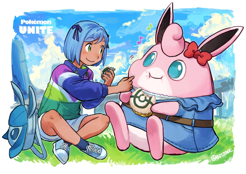 1girl :i backpack bag bag_removed belt blue_hair blush border bow brown_belt closed_mouth clothed_pokemon clouds commentary_request copyright_name day eating elizabeth_(tomas21) feeding food glaceon grass green_eyes highres musical_note onigiri outdoors pokemon pokemon_(creature) pokemon_(game) pokemon_unite red_bow shoes short_hair shorts sitting sky smile sneakers socks white_border wigglytuff