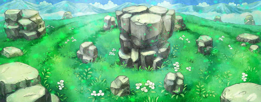 artist_request blue_sky clouds commentary day english_commentary field flower fushigi_no_dungeon game_cg grass light_particles light_rays mountain mountainous_horizon no_humans official_art outdoors pokemon pokemon_(game) pokemon_mystery_dungeon rock scenery sky sunlight third-party_source white_flower wide_shot
