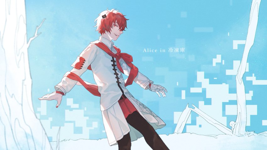 1boy black_jacket collared_jacket driftwoodwolf fukase jacket looking_at_viewer male_focus mini_flag nail_polish open_mouth red_eyes red_scarf redhead scarf smile solo teeth tree vocaloid white_jacket