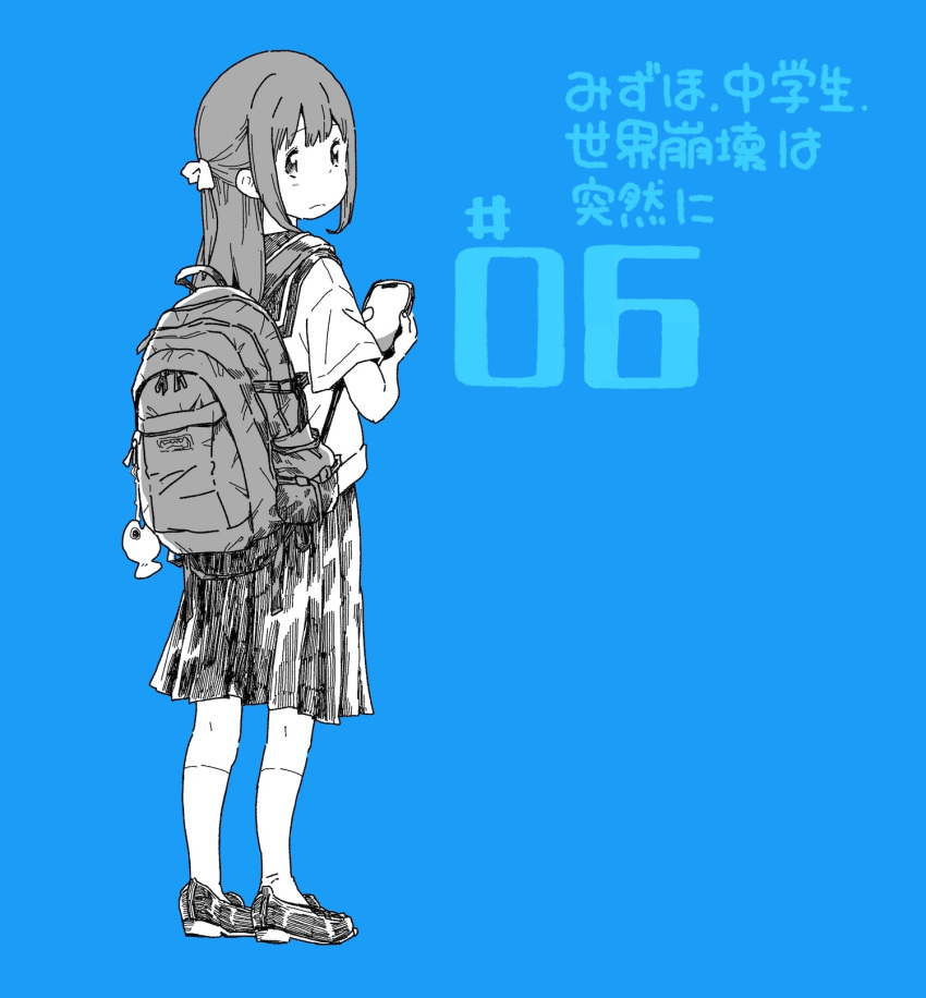 1girl bag blue_background copyright_request facing_away greyscale greyscale_with_colored_background hair_ornament highres holding holding_phone karaagetarou keychain looking_at_viewer monochrome numbered phone sad school_uniform serafuku shoes short_sleeves sidelocks simple_background skirt socks solo translation_request