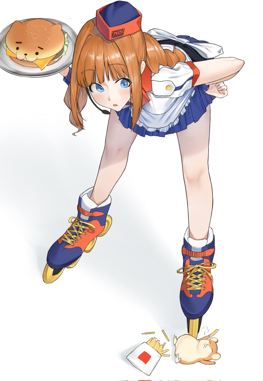 1girl apron bent_over blue_eyes blue_skirt blunt_bangs burger food french_fries frilled_apron frills from_above hair_intakes hamster hamuzou hand_on_own_hip headset highres holding holding_tray idolmaster idolmaster_(classic) idolmaster_million_live! idolmaster_million_live!_theater_days knees light_blush long_hair lying multicolored_clothes multicolored_headwear open_mouth orange_hair pleated_skirt roller_skates saya_endo_(27) shirt skates skirt takatsuki_yayoi tareme tray wavy_hair white_apron white_background white_shirt