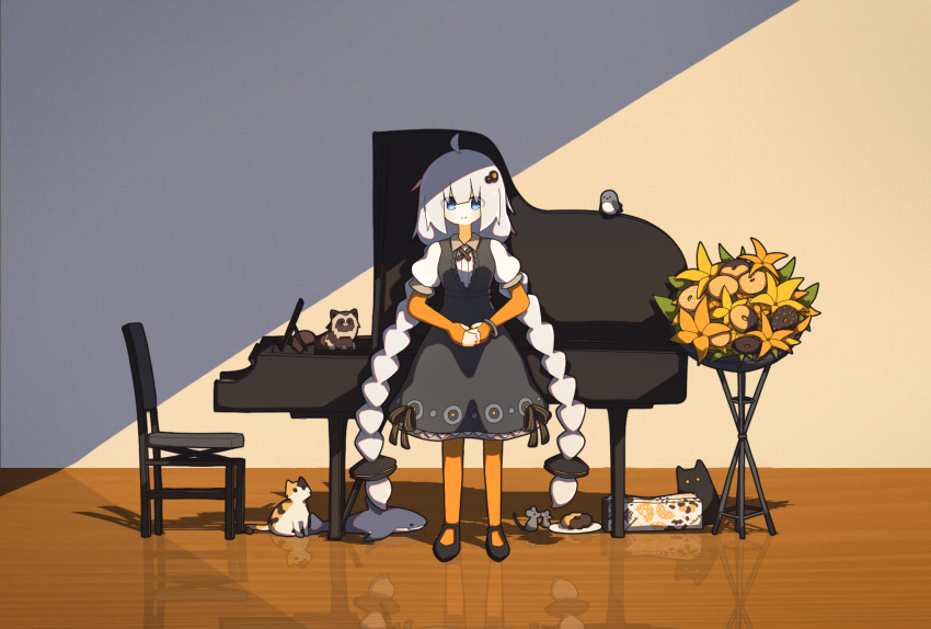 1girl a.i._voice ahoge bird black_cat black_dress black_footwear black_gloves blue_eyes bracelet braid breasts cat closed_mouth different_reflection doughnut dress elbow_gloves fingerless_gloves food full_body gloves grand_piano hair_ornament highres indoors instrument jewelry kizuna_akari long_hair looking_at_viewer mouse orange_gloves orange_pantyhose own_hands_together oyasameme pantyhose piano plate puffy_short_sleeves puffy_sleeves raccoon reflection shoes short_sleeves small_breasts solo standing straight-on stuffed_animal stuffed_shark stuffed_toy twin_braids very_long_hair vocaloid voiceroid white_hair wooden_floor