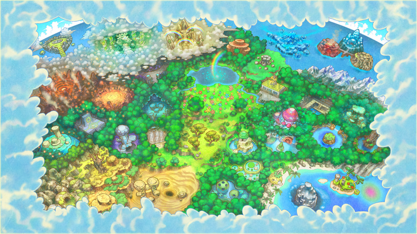 artist_request bare_tree beach blue_flower blue_sky bridge cave clouds day embers field floating_island flower flower_field forest fushigi_no_dungeon game_cg grass ice iceberg island lake lily_pad map molten_rock mountain nature no_humans ocean official_art outdoors palm_tree pillar pink_flower pokemon pokemon_(game) pokemon_mystery_dungeon pond rainbow red_flower river rock sand sky smoke stairs third-party_source tree tree_stump volcano water_wheel waterfall_hole yellow_flower