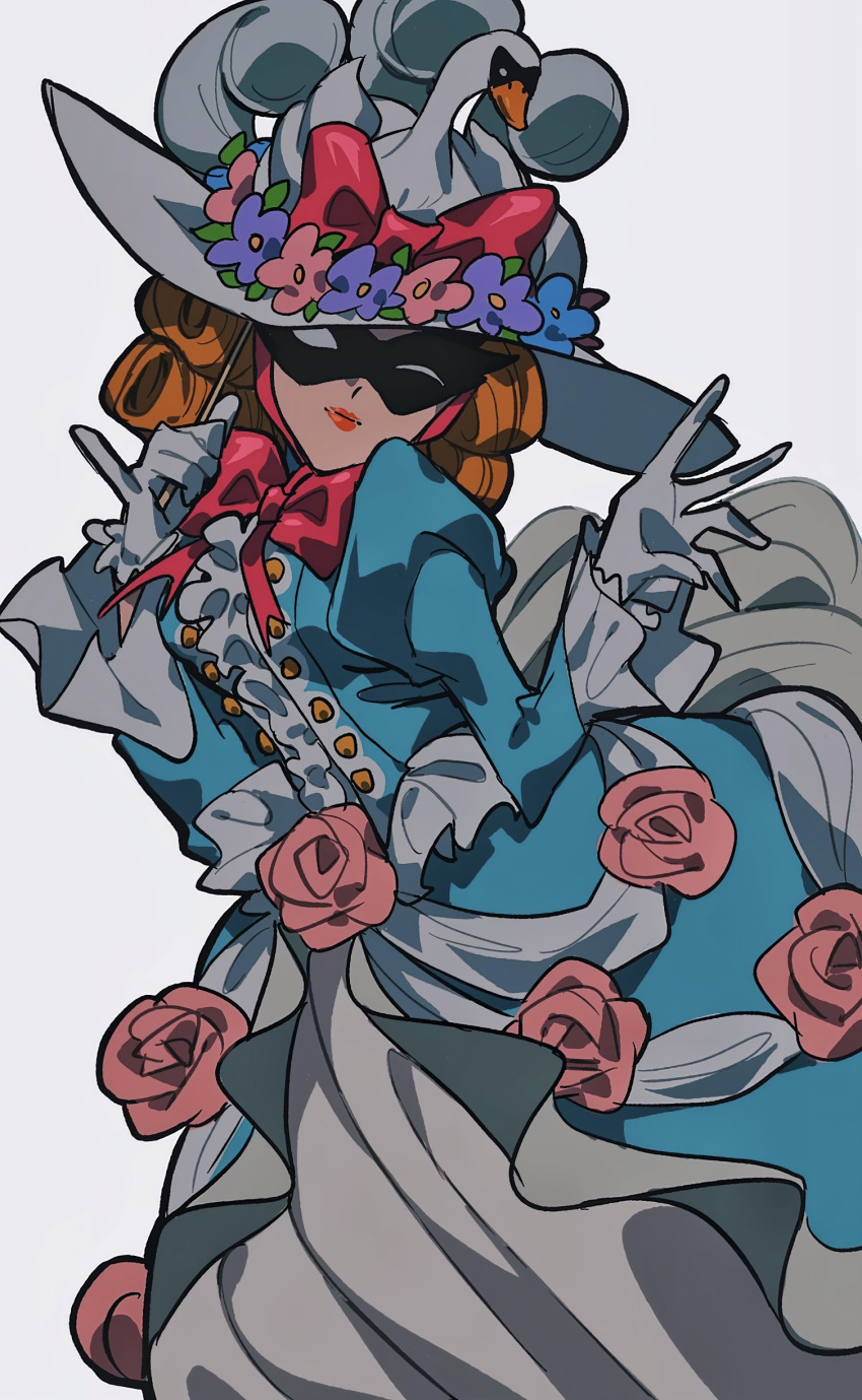 1girl absurdres ace_attorney animal_hat bird blue_dress bow center_frills commentary dress flower frilled_gloves frills gloves grgrton hands_up hat hat_flower highres holding holding_mask jezaille_brett juliet_sleeves long_sleeves looking_at_viewer mask masquerade_mask pink_bow pink_flower pink_rose puffy_sleeves red_lips rose short_hair simple_background smile solo swan symbol-only_commentary the_great_ace_attorney white_gloves white_headwear