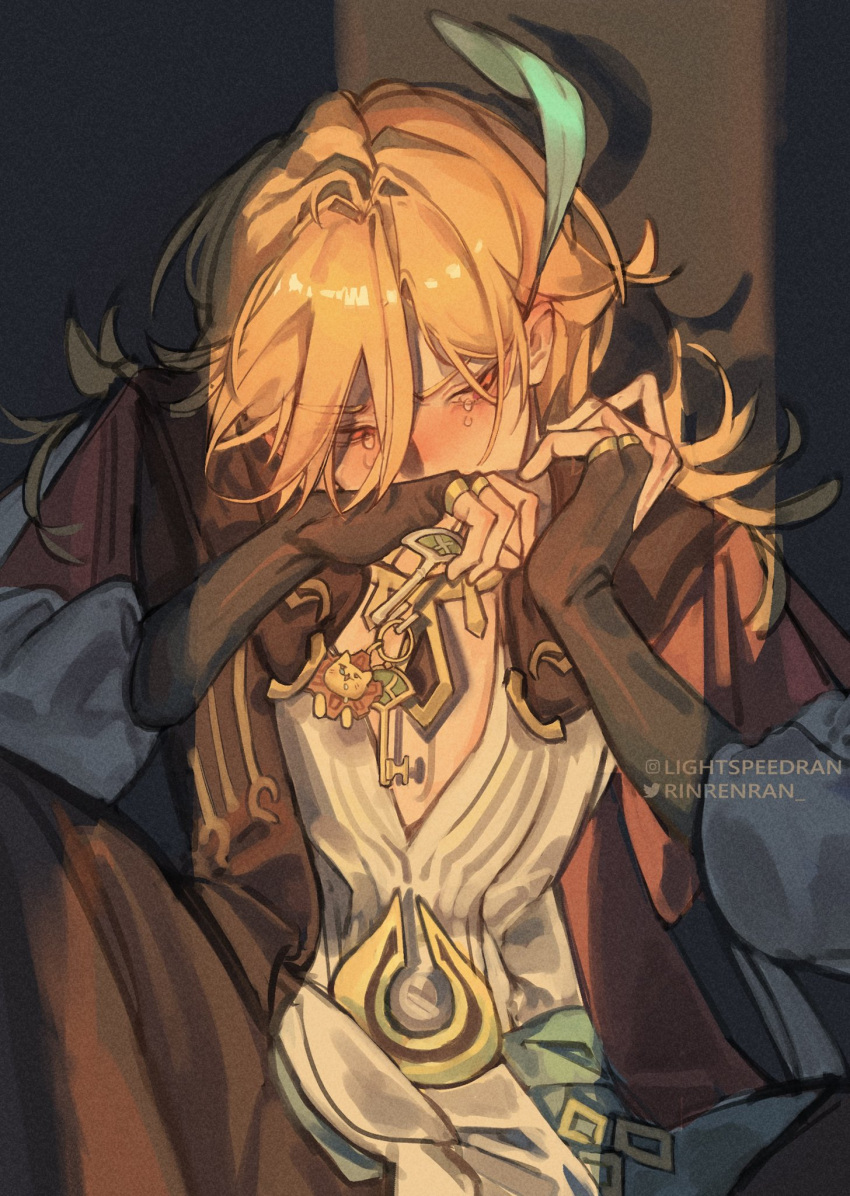 1boy arabian_clothes blonde_hair blue_feathers bridal_gauntlets covering_mouth crying crying_with_eyes_open facing_viewer feather_hair_ornament feathers genshin_impact hair_ornament highres holding holding_key instagram_username jacket kaveh_(genshin_impact) key lightspeedran long_sleeves looking_to_the_side male_focus red_eyes red_jacket shirt solo tears twitter_username white_shirt