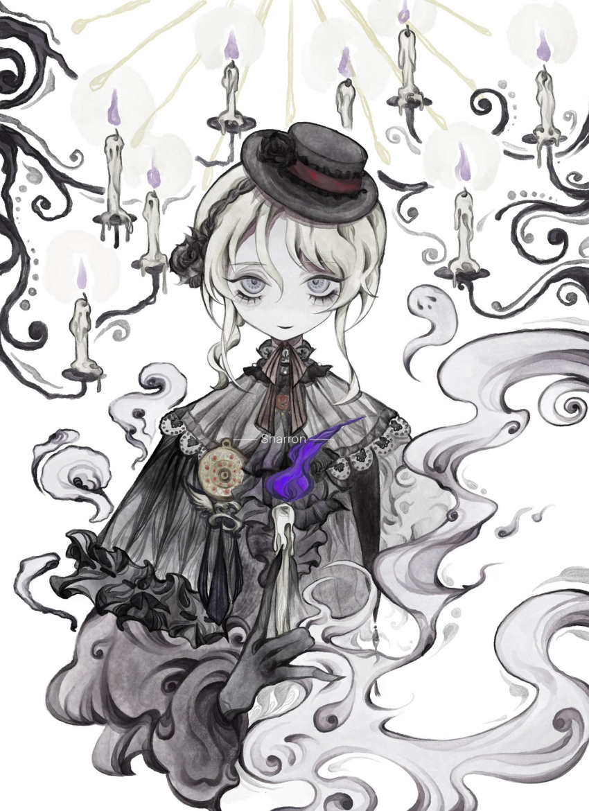 1girl black_dress black_headwear blonde_hair candle character_name commentary dress file ghost grey_eyes hat highres looking_at_viewer lord_of_the_mysteries magicayuiyuki sharron_(lord_of_the_mysteries) short_hair sidelocks smoke solo upper_body
