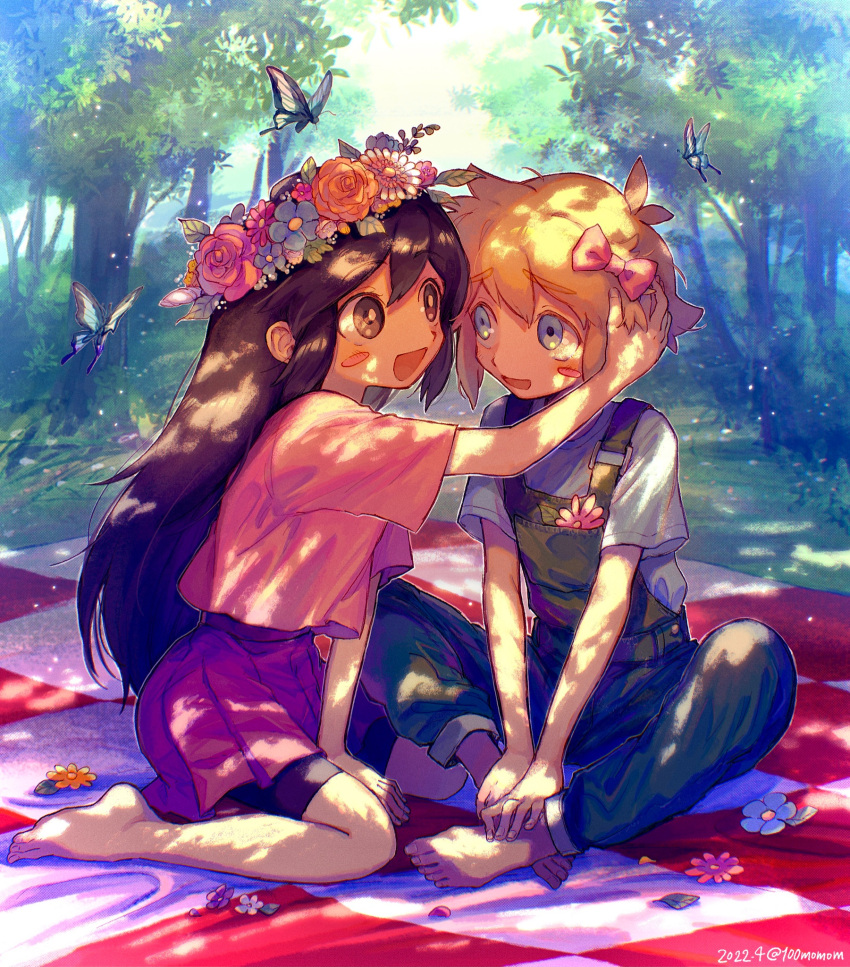 1boy 1girl aubrey_(omori) barefoot basil_(omori) black_hair blonde_hair blue_overalls blue_shirt blush bow bug butterfly checkered_blanket dated day flower forest hair_bow head_wreath highres hyaku_(momongamomomo) long_hair looking_at_another nature omori open_mouth outdoors overalls pink_bow pink_shirt purple_skirt shirt short_hair short_sleeves skirt smile tree twitter_username