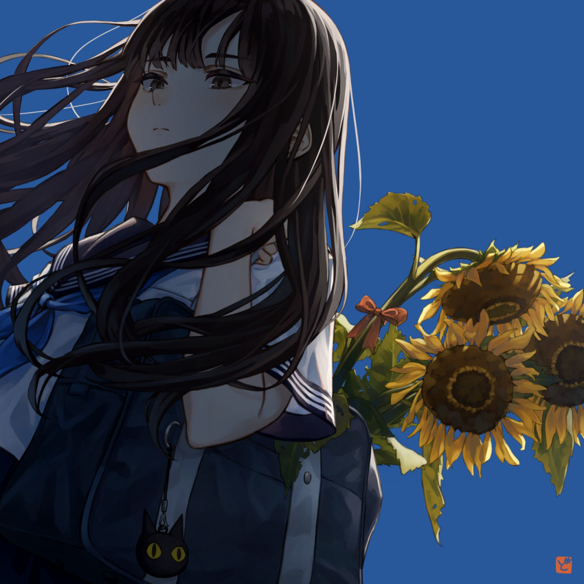 1girl acorn_dongur1 artist_logo bag black_hair blue_neckerchief bow clear_sky expressionless floating_hair flower from_below handbag highres holding holding_bag long_hair neckerchief original red_bow sailor_collar school_uniform serafuku shirt sky solo sunflower upper_body white_shirt