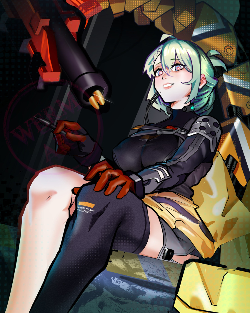 1girl absurdres black_gloves black_thighhighs breasts de_lacey_(neural_cloud) empty_eyes from_below girls'_frontline_neural_cloud girls_frontline gloves gradient_gloves highres light_green_hair looking_at_viewer multicolored_clothes multicolored_eyes multicolored_gloves red_gloves short_shorts shorts sitting smile solo thigh-highs wermer
