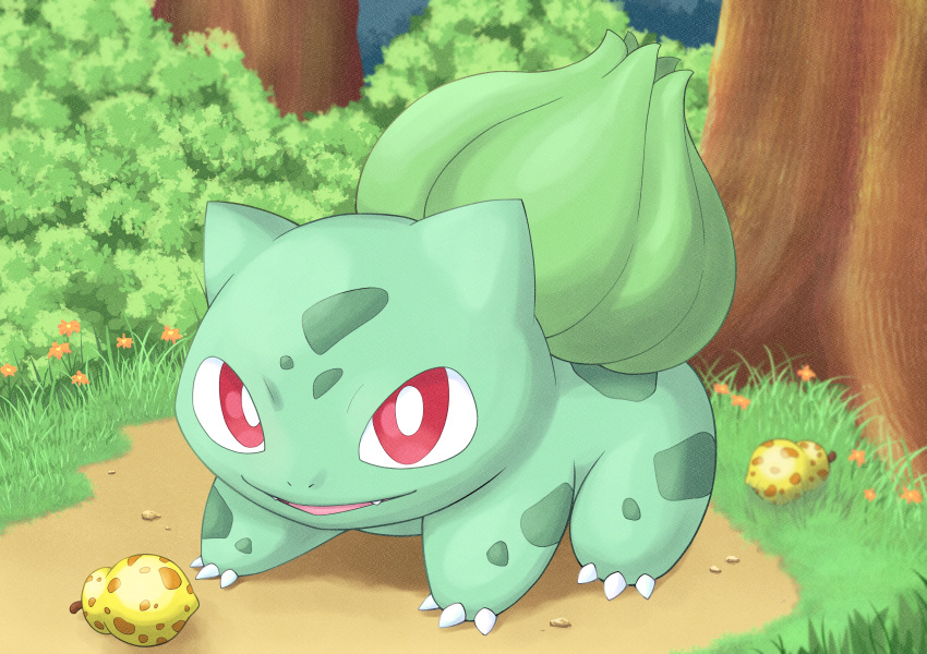 absurdres berry_(pokemon) bright_pupils bulbasaur bush claws commentary_request day fangs flower full_body grass highres no_humans open_mouth orange_flower outdoors pokemon pokemon_(creature) red_eyes sitrus_berry smile solo tree user_gkwp5877 white_pupils