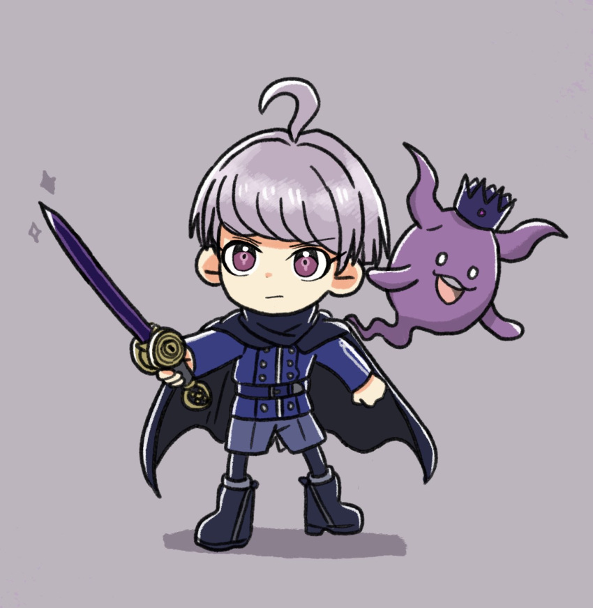 1boy ahoge black_cape black_footwear blue_jacket boots cape chibi closed_mouth commentary_request crown full_body ghost grey_background grey_shorts highres holding holding_sword holding_weapon horns jacket long_sleeves male_focus master_detective_archives:_rain_code open_mouth purple_hair shinigami_(rain_code) short_hair shorts simple_background smile sparkle standing sword violet_eyes weapon yuma_kokohead yuzu86442