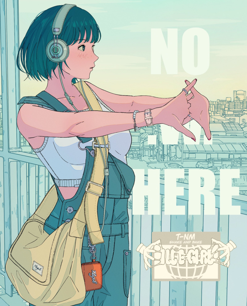 1girl bag blue_hair blue_overalls cityscape clouds cloudy_sky commentary crop_top cropped_legs flexing headphones highres holding holding_bag interlocked_fingers negio_tnm original overalls short_hair shoulder_bag sky solo standing