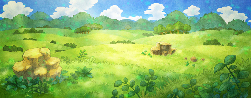 artist_request blue_sky bush clouds clover commentary day english_commentary field fushigi_no_dungeon game_cg grass hill light_particles light_rays mountainous_horizon no_humans official_art outdoors pokemon pokemon_(game) pokemon_mystery_dungeon rock scenery sky sunlight third-party_source tree wide_shot