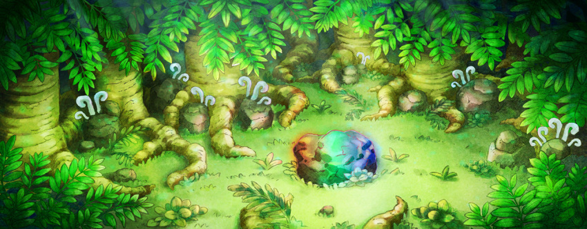artist_request commentary day english_commentary fern forest fushigi_no_dungeon game_cg grass green_theme nature no_humans official_art outdoors pokemon pokemon_(game) pokemon_mystery_dungeon rainbow_gradient rock scenery third-party_source tree wide_shot