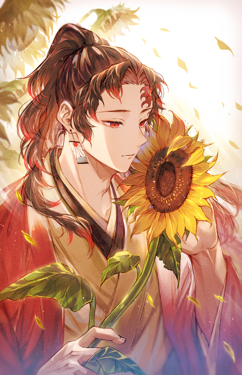 1boy bloom brown_hair brown_kimono commentary_request earrings facial_tattoo falling_petals flower hanafuda hanafuda_earrings hands_up haori high_ponytail highres holding holding_flower jacket japanese_clothes jewelry kimetsu_no_yaiba kimono leaf light_particles long_hair long_sleeves male_focus multicolored_hair open_clothes open_jacket oyumai parted_bangs parted_lips petals ponytail red_eyes red_jacket redhead sidelocks smile solo sunflower tattoo tsugikuni_yoriichi upper_body wide_sleeves yellow_flower