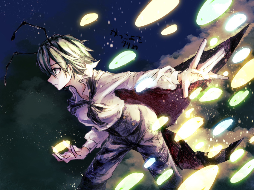 1girl antennae black_cape blue_pants cape closed_mouth commentary from_side green_eyes green_hair highres jikokenjiyoku_1 leaning_forward light_particles long_sleeves pants shirt short_hair solo touhou white_shirt wriggle_nightbug