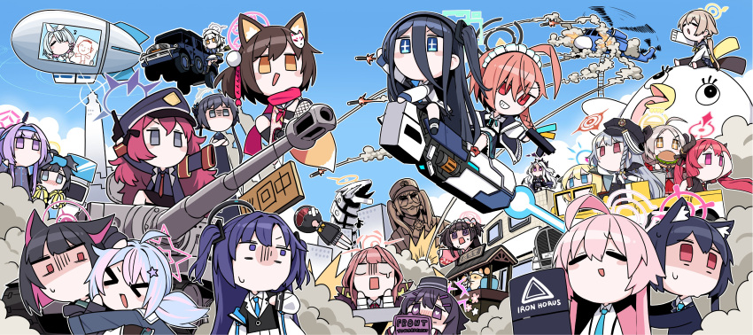 &gt;_&lt; 6+girls :d absurdly_long_hair absurdres ahoge aircraft akari_(blue_archive) animal_ear_fluff animal_ears apron aqua_hair arona's_sensei_doodle_(blue_archive) aru_(blue_archive) b.t._(boob_tong) ballistic_shield black_hair blonde_hair blue_archive blue_eyes blue_sky blunt_bangs blush_stickers bow braid brown_eyes brown_hair butterfly_hair_ornament cameo car cat_ears cat_girl cherino_(blue_archive) chesed_(blue_archive) chibi china_dress chinese_clothes collared_shirt colored_inner_hair commentary_request demon_girl demon_horns demon_wings dirigible dog_ears dog_girl double_bun dress explosion eyewear_on_head firing flying forehead fox_ears fox_girl fox_tail furry furry_with_non-furry gakuran garrison_cap grey_eyes grey_hair gun hadanugi_dousa hair_between_eyes hair_bow hair_bun hair_ornament hair_ribbon hairclip halo handgun haruka_(blue_archive) haruna_(blue_archive) hat headband helicopter helmet helmet_gangster_(blue_archive) hibiki_(blue_archive) hibiki_(cheer_squad)_(blue_archive) hifumi_(blue_archive) highres hina_(blue_archive) holding holding_gun holding_pom_poms holding_weapon horns hoshino_(blue_archive) hug interspecies iroha_(blue_archive) izumi_(blue_archive) izuna_(blue_archive) jacket japanese_clothes junko_(blue_archive) kazusa_(blue_archive) kisaki_(blue_archive) lolita_fashion long_bangs long_hair long_sleeves looking_at_another maid maid_apron maid_headdress master_shiba_(blue_archive) medium_hair military_uniform military_vehicle millennium_cheerleader_outfit_(blue_archive) missile motor_vehicle multicolored_hair multiple_girls neru_(blue_archive) ninja nurse_cap one_side_up orange_eyes outdoors paper parted_bangs peaked_cap peroro_(blue_archive) pleated_skirt pom_pom_(cheerleading) purple_hair railgun red_eyes redhead reisa_(blue_archive) ribbon riding rope_ladder school_uniform sena_(blue_archive) sensei_(blue_archive) serika_(blue_archive) shiba_inu shirt shizuko_(blue_archive) short_hair short_hair_with_long_locks short_sleeves sidelocks single_braid skirt sky smile sparkling_eyes star_(symbol) star_hair_ornament statue streaked_hair sukajan sunglasses sweatdrop tail tank tiger_i translation_request triangle_hair_ornament turret twintails two-tone_hair two_side_up uniform utaha_(blue_archive) utaha_(cheer_squad)_(blue_archive) very_long_hair violet_eyes wa_lolita walther walther_p38 wavy_hair weapon white_hair wings xd yuuka_(blue_archive)