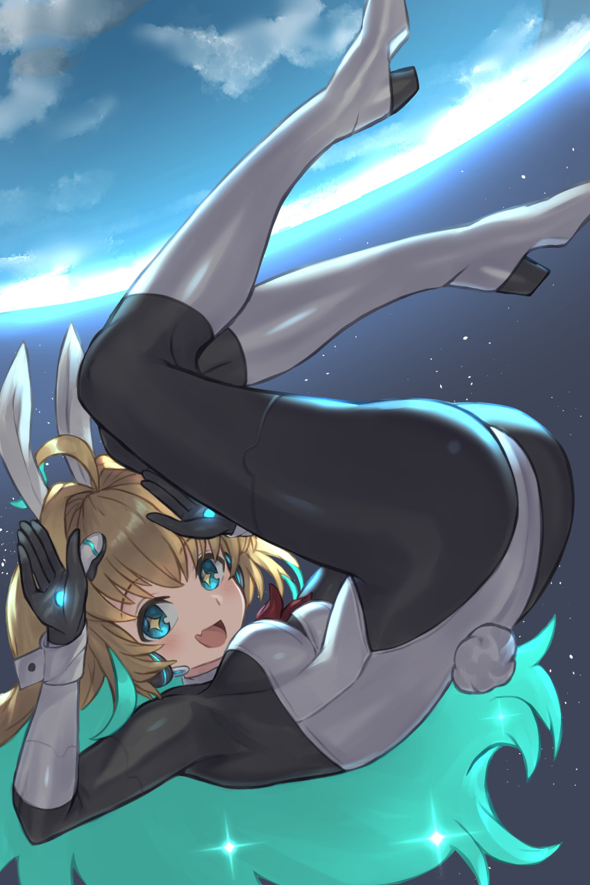 1girl absurdres ahoge aqua_eyes aqua_hair blonde_hair boots earth_(planet) fang floating full_body hair_between_eyes high_heel_boots high_heels highres knee_boots leotard_over_bodysuit long_hair open_mouth ozaki55 planet playboy_bunny rabbit_pose ralmia_sonic_racer shadowverse smile solo space star-shaped_pupils star_(symbol) symbol-shaped_pupils very_long_hair wrist_cuffs