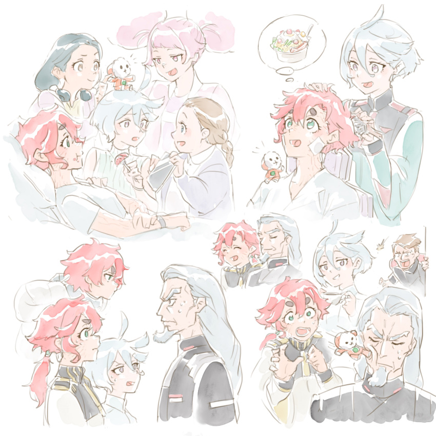 2boys 6+girls absurdres afro_puffs ahoge aliya_mahvash angry asticassia_school_uniform beard bed black_hair braid brown_hair chuatury_panlunch delling_rembran eating ericht_samaya facial_hair father_and_daughter feeding flying_kick ghost green_eyes grey_hair gundam gundam_suisei_no_majo highres hospital_bed hots_(gundam_suisei_no_majo) kicking lilique_kadoka_lipati long_hair miorine_rembran multiple_boys multiple_girls open_mouth pillow pink_eyes pink_hair school_uniform simple_background smile spacesuit suletta_mercury surprised thick_eyebrows thought_bubble white_background white_hair yaco_(085)