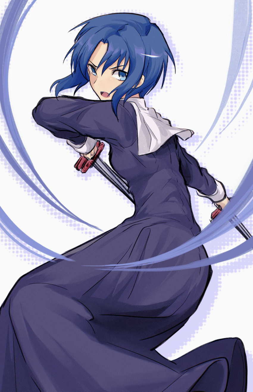 1girl absurdres black_dress black_keys_(type-moon) blue_eyes blue_hair ciel_(tsukihime) commentary dress english_commentary habit highres holding holding_sword holding_weapon long_sleeves looking_at_viewer nun open_mouth parted_bangs short_hair solo sword tara3763 tsukihime weapon