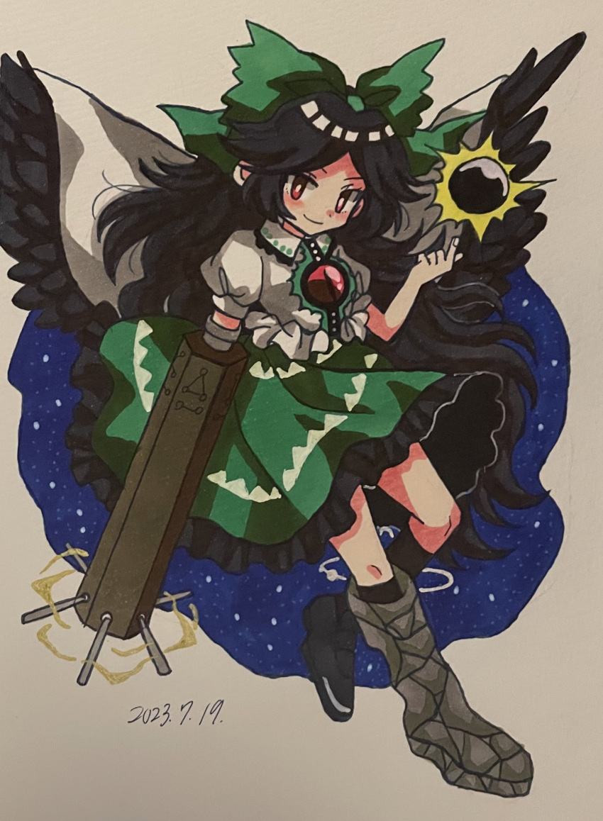 1girl arm_cannon asymmetrical_footwear atom bird_wings black_hair black_sun black_wings blouse bow buttons cape center_frills closed_mouth collared_shirt control_rod frilled_shirt_collar frilled_skirt frills full_body furiba_794 green_bow green_skirt hair_bow highres long_hair looking_at_viewer mismatched_footwear puffy_short_sleeves puffy_sleeves red_eyes reiuji_utsuho shirt shoes short_sleeves single_shoe skirt smile solo starry_sky_print sun third_eye third_eye_on_chest touhou weapon white_background white_cape white_shirt wings