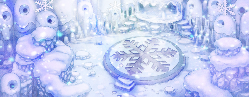 artist_request commentary day english_commentary fushigi_no_dungeon game_cg light_particles light_rays monochrome no_humans official_art outdoors pokemon pokemon_(game) pokemon_mystery_dungeon scenery snow snowflake_print snowflakes sunlight third-party_source white_theme wide_shot
