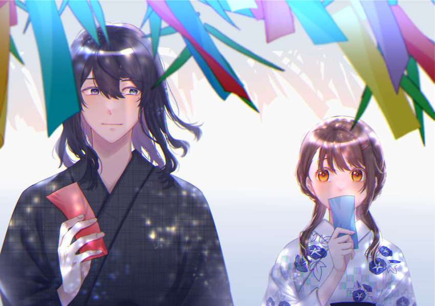 1boy 1girl black_eyes black_hair black_kimono blueenpty blurry blurry_foreground blush brown_eyes brown_hair closed_mouth commentary_request covering_mouth dappled_sunlight hair_between_eyes highres holding_tanzaku iwato_suzume japanese_clothes kimono light_particles long_hair looking_at_another looking_at_viewer low_twintails medium_hair mole mole_under_eye munakata_souta single_sidelock sunlight suzume_no_tojimari tanzaku twintails underwear unmoving_pattern white_kimono yukata