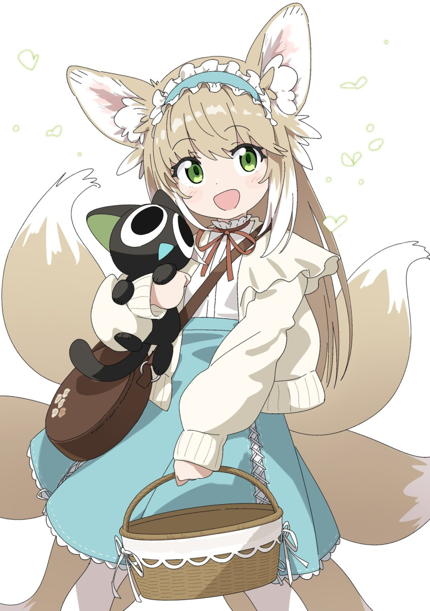 1girl :d animal animal_ear_fluff animal_ears aqua_hairband aqua_skirt arknights bag basket black_cat blonde_hair brown_bag cardigan cat cross-laced_clothes cross-laced_skirt cross-laced_slit crossover drawdrawdeimos feet_out_of_frame fox_ears fox_girl fox_tail frilled_hairband frills green_eyes hair_ornament hairband handbag high-waist_skirt highres holding holding_animal holding_basket holding_cat kitsune kyuubi legs_apart long_sleeves looking_at_viewer luo_xiaohei luo_xiaohei_zhanji multicolored_hair multiple_tails neck_ribbon official_alternate_costume open_cardigan open_clothes open_mouth puffy_long_sleeves puffy_sleeves red_ribbon ribbon round_bag shirt shoulder_bag simple_background skirt sleeve_cuffs sleeves_past_wrists smile solo suzuran_(arknights) suzuran_(spring_praise)_(arknights) tail two-tone_hair white_background white_hair white_shirt yellow_cardigan