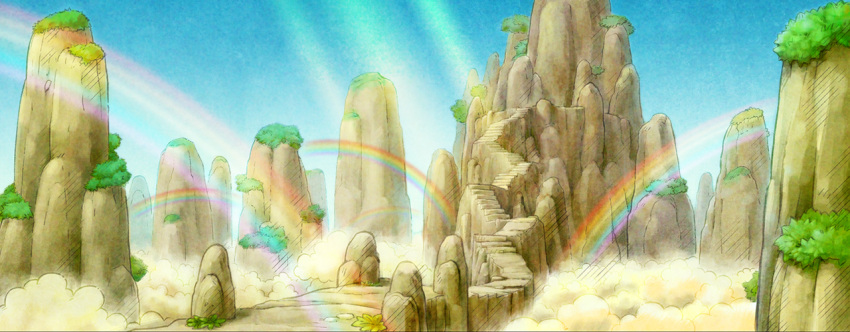 above_clouds artist_request blue_sky clouds commentary day english_commentary fushigi_no_dungeon game_cg grass light_rays mountain no_humans official_art outdoors pokemon pokemon_(game) pokemon_mystery_dungeon rainbow scenery sky stairs sunlight third-party_source wide_shot