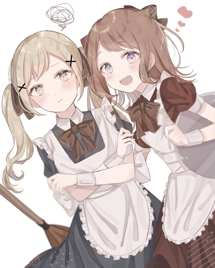 2girls :d apron bang_dream! bow bowtie broom brown_bow brown_bowtie brown_dress brown_eyes brown_hair closed_mouth collared_dress commentary_request crossed_arms dress dutch_angle frilled_apron frills hair_bow hair_ornament heart highres holding holding_tray ichigaya_arisa light_brown_hair light_frown long_hair looking_at_viewer maid maid_apron medium_hair multiple_girls open_mouth plaid plaid_bow puffy_short_sleeves puffy_sleeves shain short_sleeves simple_background smile squiggle swept_bangs tareme teeth toyama_kasumi tray twintails two-tone_dress upper_body upper_teeth_only white_apron white_background wrist_cuffs x_hair_ornament