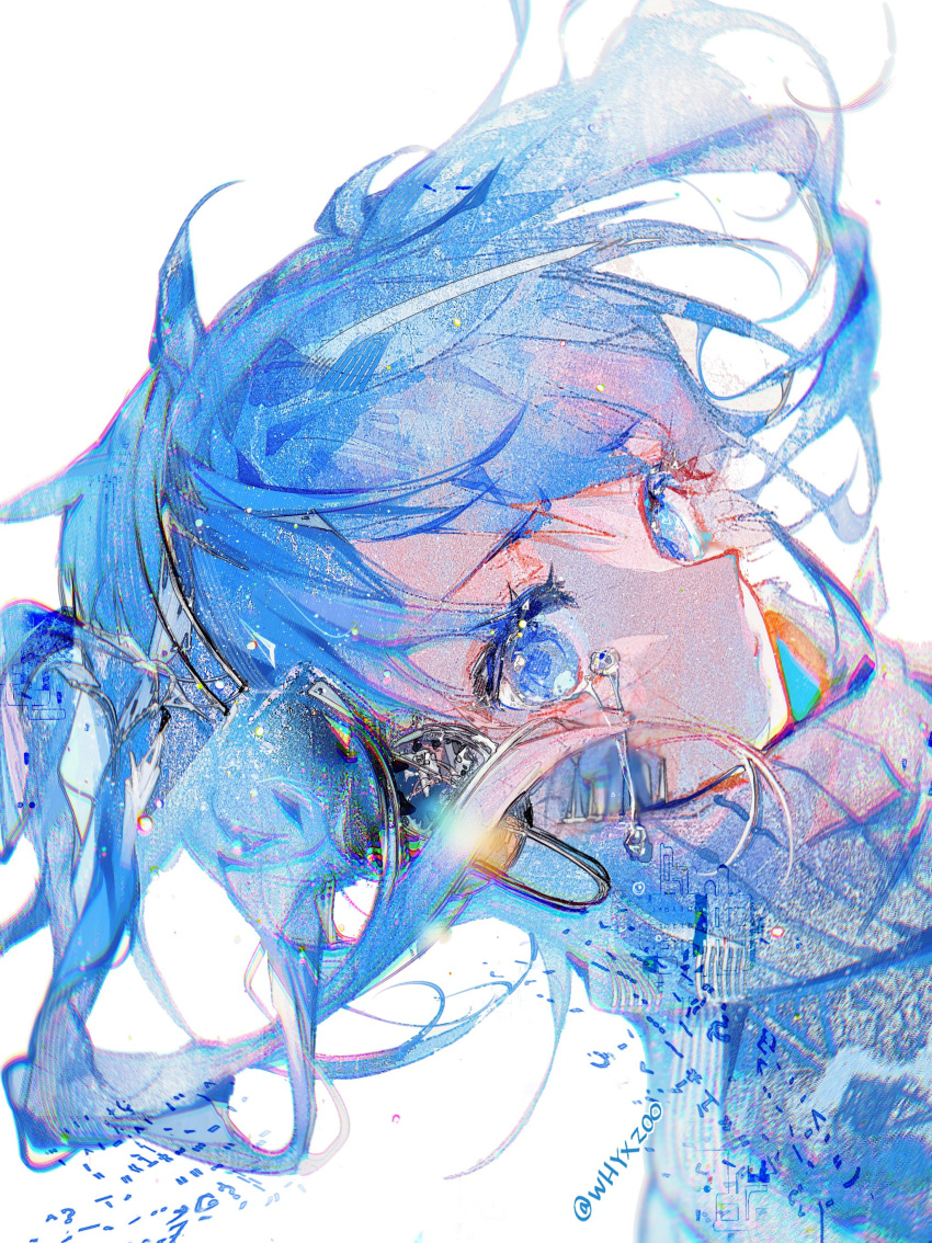 1girl absurdres blue_eyes blue_hair blue_theme crying crying_with_eyes_open dutch_angle ene_(kagerou_project) eyelashes floating_hair headphones highres kagerou_project long_hair looking_at_viewer looking_to_the_side matchazi portrait sideways_glance simple_background solo tears turtleneck twintails white_background