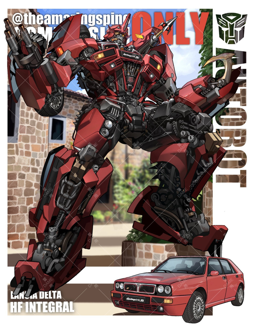 arm_cannon autobot car clenched_hand clouds commission highres kamitoge_supino lancia_(brand) lancia_delta_hf_integrale mecha motor_vehicle no_humans orange_eyes original robot sky solo transformers tree twitter_username vehicle_name weapon