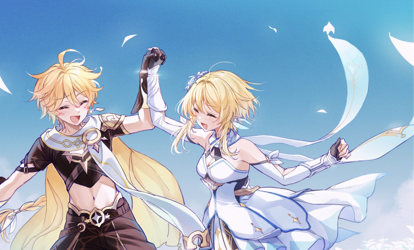 1boy 1girl aether_(genshin_impact) ahoge arm_armor arm_up bare_shoulders black_gloves blonde_hair blue_sky blush braid breasts brother_and_sister brown_gloves brown_pants brown_shirt closed_eyes clouds day detached_sleeves dress feather_hair_ornament feathers fingerless_gloves flower flying genshin_impact gloves gradient_sky hair_between_eyes hair_flower hair_ornament hair_ribbon hand_up happy highres holding holding_hands long_hair long_sleeves lumine_(genshin_impact) medium_breasts natsukko_0606 navel open_mouth outdoors pants ribbon scarf shirt short_hair short_hair_with_long_locks short_sleeves siblings sidelocks sky smile star_(symbol) tongue white_dress white_flower white_ribbon white_scarf