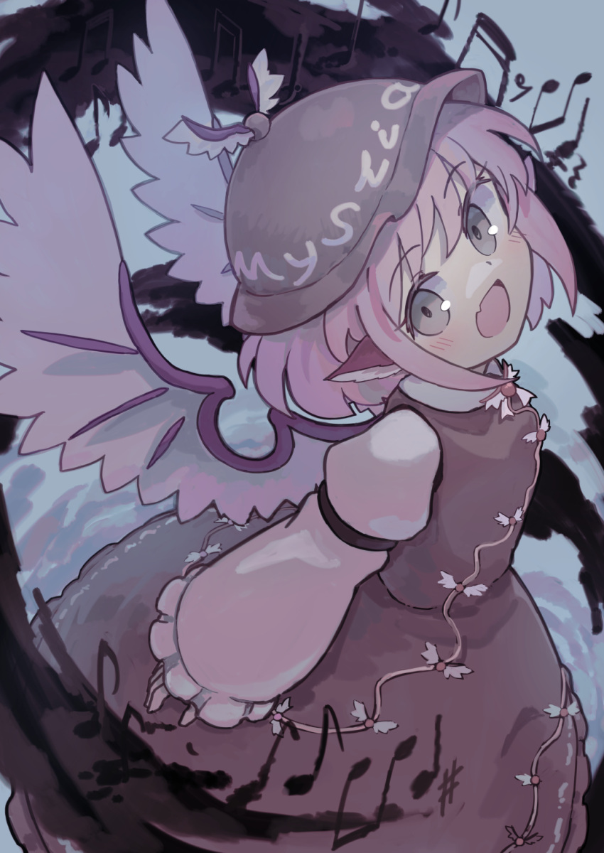 1girl :d animal_ears beamed_eighth_notes bird_ears bird_wings brown_dress brown_headwear dress eighth_note eighth_rest fang from_above grey_eyes highres juliet_sleeves kibisake long_sleeves looking_at_viewer musical_note mystia_lorelei open_mouth pink_hair puffy_sleeves quarter_note sharp_sign short_hair skin_fang smile solo standing touhou white_wings winged_hat wings
