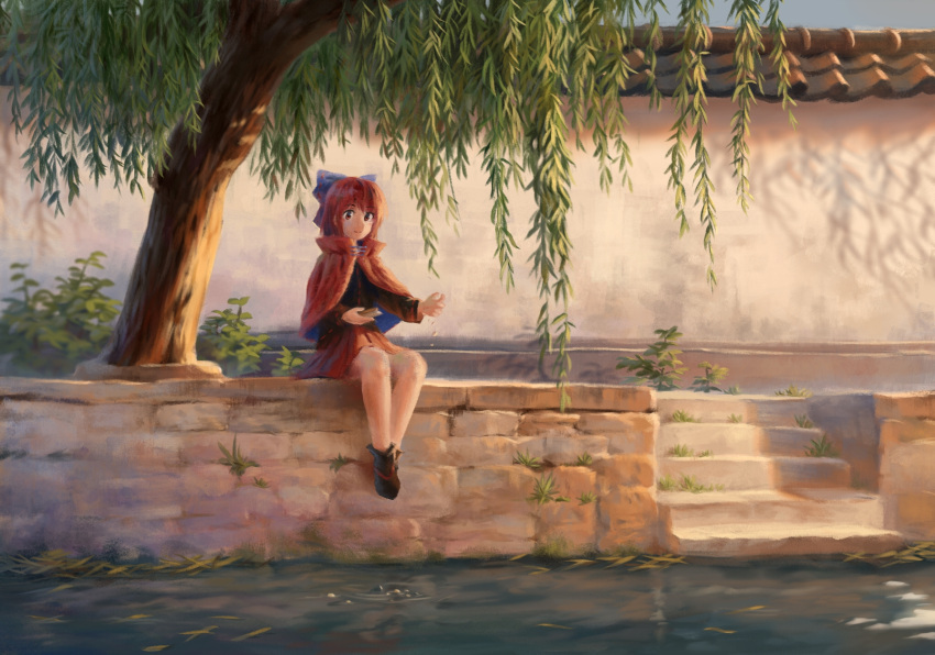 1girl black_shirt cloak closed_mouth commentary_request english_commentary full_body highres long_sleeves looking_at_viewer mixed-language_commentary outdoors plant red_eyes red_skirt redhead river satellitedragon sekibanki shirt sitting skirt smile solo stairs touhou tree