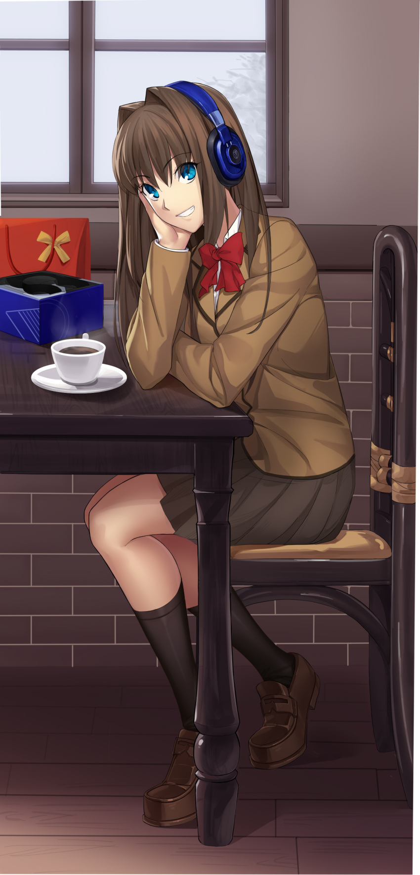 1girl absurdres aozaki_aoko black_skirt black_socks blazer blue_eyes bow bowtie box brown_hair brown_jacket chair coffee_cup commentary_request cqqz0707 cup disposable_cup gift gift_box grin hair_between_eyes hair_intakes head_rest headphones highres indoors jacket long_hair long_sleeves looking_at_viewer mahou_tsukai_no_yoru on_chair pleated_skirt red_bow red_bowtie school_uniform shoes sitting skirt smile socks solo table teeth