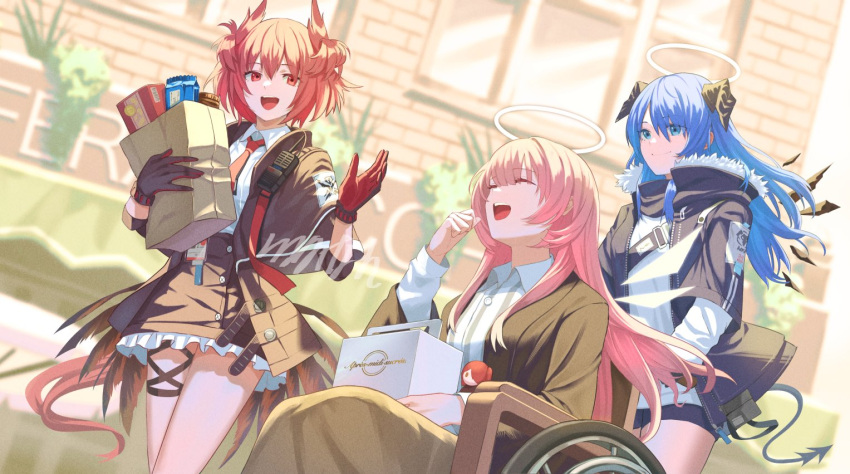 3girls :d animal_ears arknights bag bird_ears bird_tail black_gloves black_jacket black_necktie black_shorts black_skirt black_wings blue_eyes blue_hair box brown_jacket building character_doll collared_shirt cowboy_shot day demon_horns demon_tail detached_wings dutch_angle energy_wings exusiai_(arknights) feathers fiammetta_(arknights) frilled_skirt frills fur-trimmed_jacket fur_trim gloves halo hands_up high-waist_skirt holding holding_bag horns id_card jacket laterano_logo layered_sleeves lemuen_(arknights) long_hair long_sleeves looking_at_viewer memetaroh mostima_(arknights) multiple_girls necktie open_clothes open_jacket open_mouth outdoors paper_bag pink_hair plant red_eyes red_gloves red_necktie redhead shirt shirt_tucked_in shopping_bag short_shorts shorts sitting skirt sleeves_past_elbows smile striped striped_shirt tail teeth two-tone_gloves two-tone_necktie upper_teeth_only walkie-talkie wheelchair white_shirt window wings