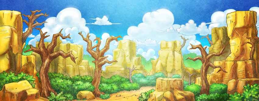 artist_request bare_tree blue_sky bush clouds commentary day english_commentary fushigi_no_dungeon game_cg no_humans official_art outdoors pokemon pokemon_(game) pokemon_mystery_dungeon rock scenery sky third-party_source tree wide_shot