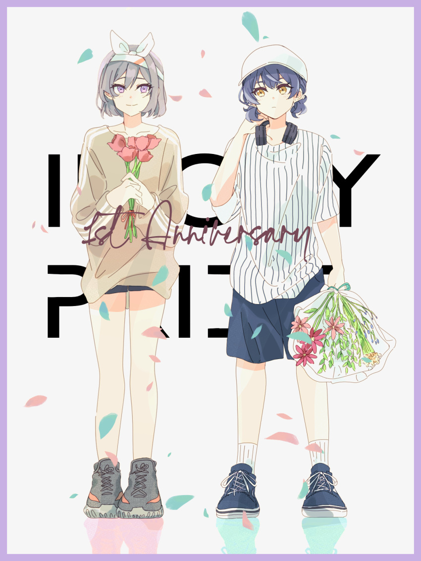 2girls blue_footwear blue_hair blue_shorts bob_cut border bouquet bow brown_shirt closed_mouth collarbone copyright_name falling_petals flower full_body grey_footwear grey_hair hair_between_eyes hair_bow headphones headphones_around_neck highres holding holding_bouquet idoly_pride igawa_aoi kanzaki_rio legs_apart long_sleeves looking_at_another multiple_girls own_hands_together petals pinstripe_pattern pinstripe_shirt purple_border red_flower red_tulip shirt shoes short_shorts shorts side-by-side sideways_glance simple_background smile sneakers socks striped striped_shirt thighs tulip violet_eyes watameki_(pixiv_33969409) white_background white_bow white_shirt white_socks yellow_eyes