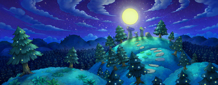 artist_request clouds commentary english_commentary forest full_moon fushigi_no_dungeon game_cg glowing grass hill moon moonlight moss mountainous_horizon nature night no_humans official_art outdoors path pine_tree pokemon pokemon_(game) pokemon_mystery_dungeon purple_sky road rock scenery sky star_(sky) starry_sky third-party_source tree wide_shot