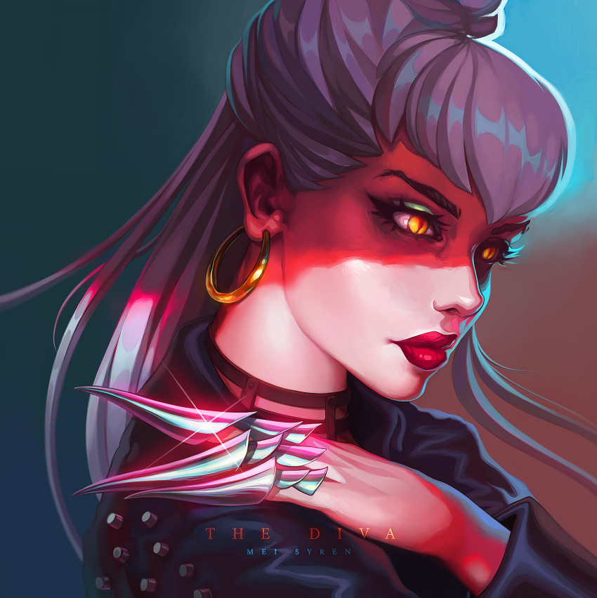 1girl asymmetrical_bangs black_suit claw_(weapon) closed_mouth cone_hair_bun demon demon_girl earrings evelynn_(league_of_legends) eyeshadow formal gold_earrings gradient_background green_eyeshadow hair_bun hand_on_own_shoulder highres hoop_earrings jewelry k/da_(league_of_legends) league_of_legends long_hair looking_to_the_side makeup meisyren necklace red_lips slit_pupils solo suit the_baddest_evelynn tooth_necklace upper_body weapon white_hair yellow_eyes